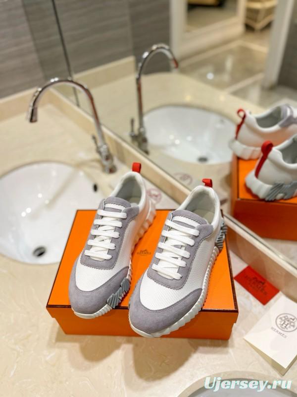 2024 Women Hermès white gray mesh suede sneakers