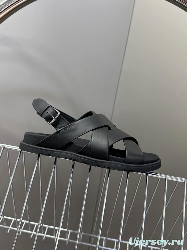 2025 Women Hermès Black Leather Sandals