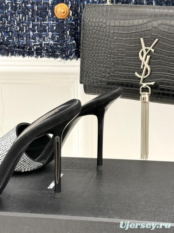 2025 Women Yves Saint Laurent Black Silver Crystal Leather Heeled Slippers LY00300