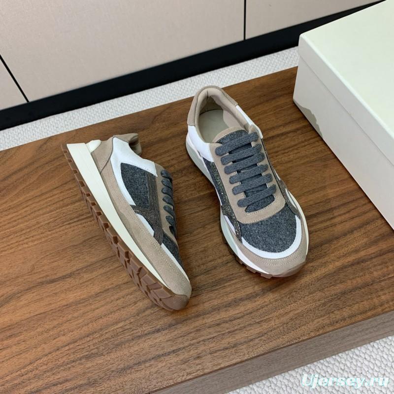 2025 Unisex Brunello Cucinelli Beige Gray White Leather Wool Casual Sneakers LY