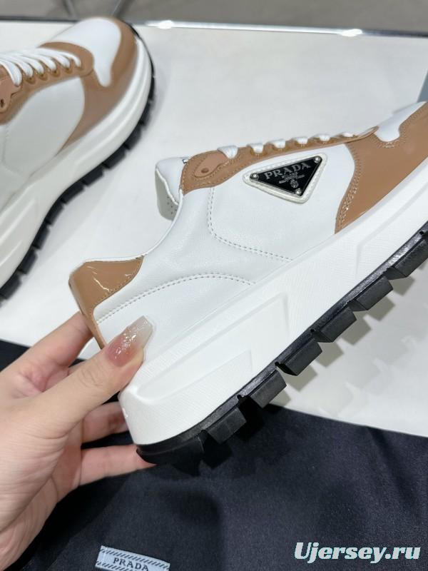 2025 Women Prada White Brown Leather Sneakers