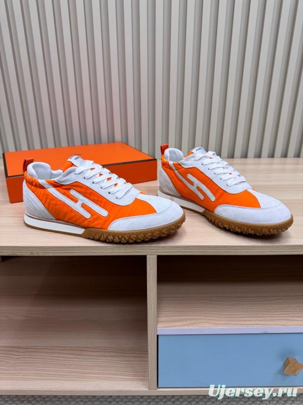 2025 Unisex Hermès White Orange Suede Mesh Sneakers KFY00300