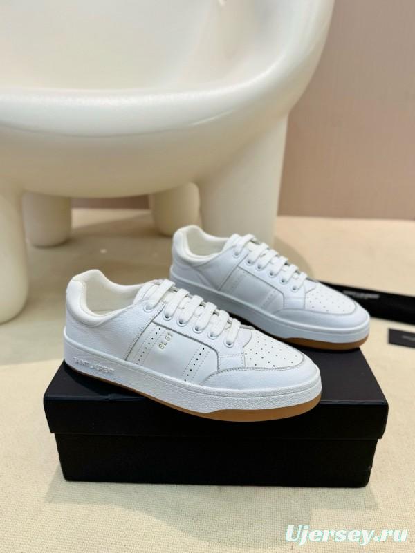 2024 Unisex Yves Saint Laurent White Silk Leather Sneakers SL61 MJ00350