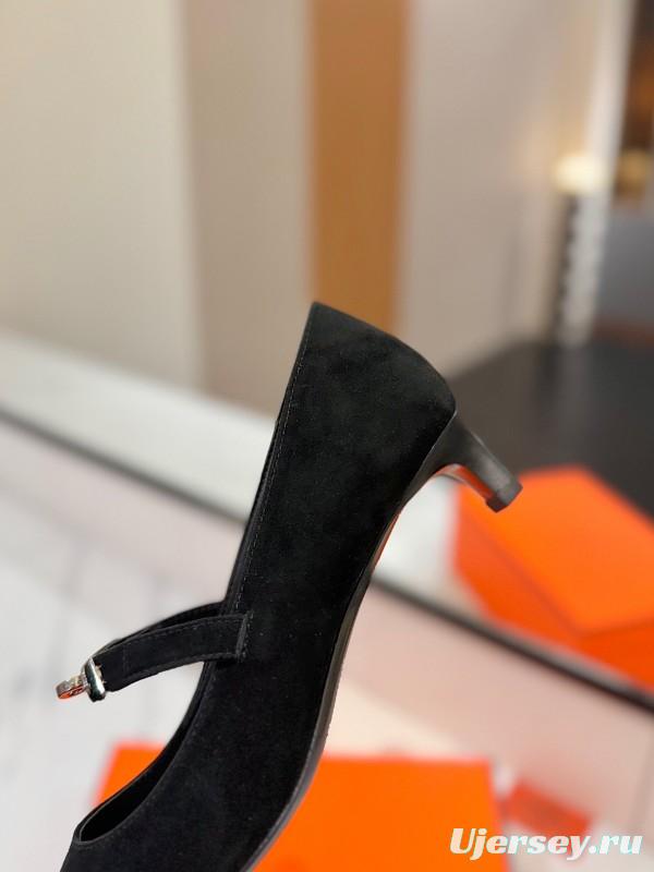 2025 Women Hermès Black Suede Pumps KFY00330