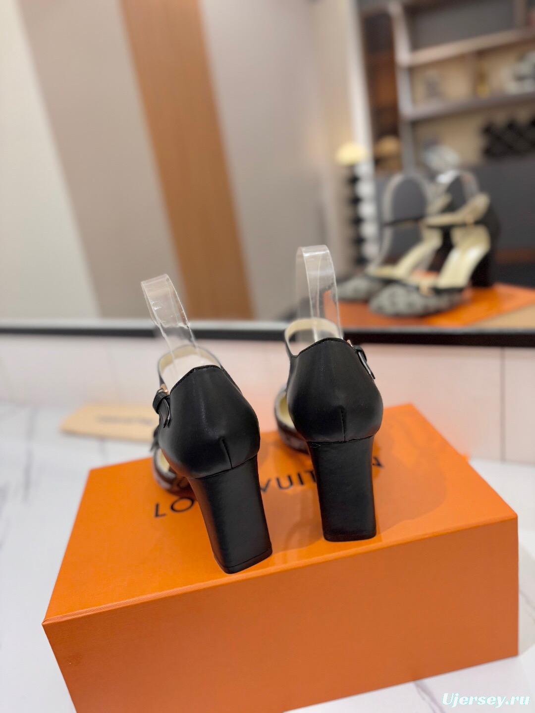 2025 Women Louis Vuitton Grey Black Denim Leather Heeled Sandals KFY00310