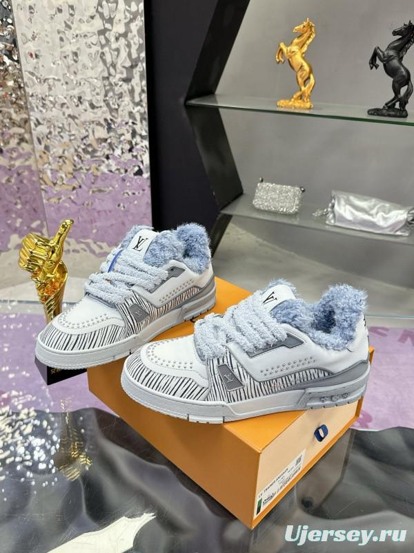 2024 Women Louis Vuitton White Grey Leather Fur Sneakers