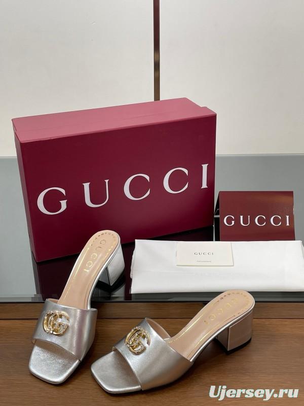 2025 Women Gucci Gold Leather Mules GG Emblem LY00280