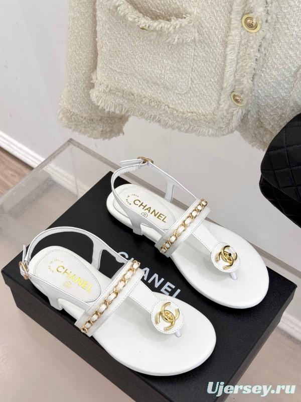 2025 Slippers Chanel White Leather Chain Strap CC Logo