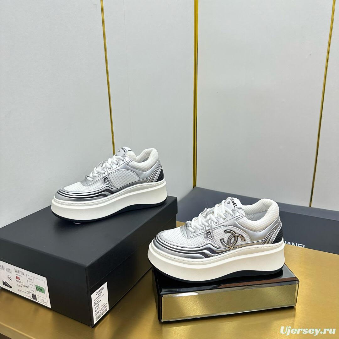 2025 Women Chanel White Silver Leather Mesh Sneakers