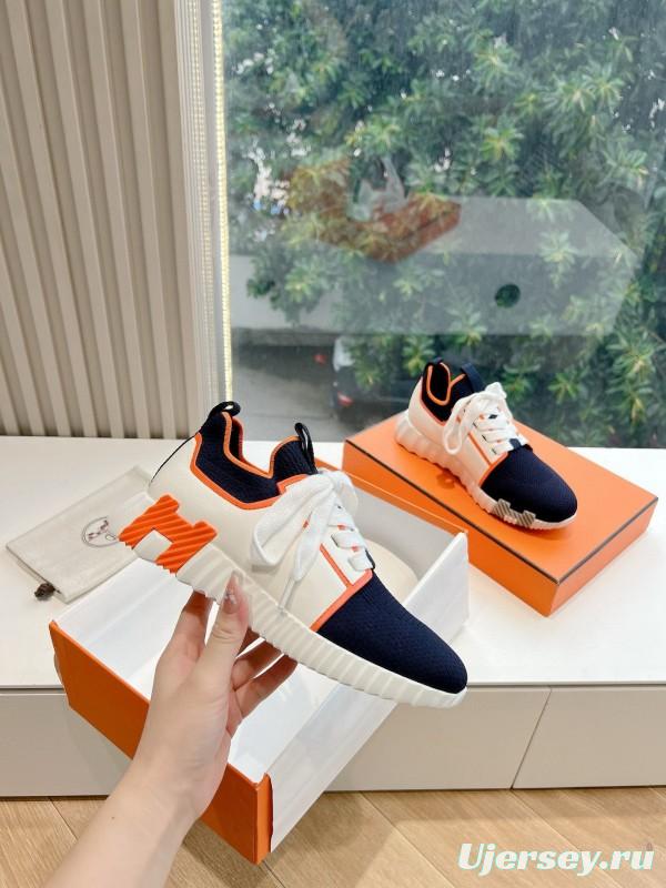 2024 Unisex Hermès 爱H Navy Orange Knit Leather Sneakers 