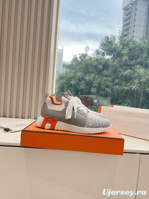 2024 Unisex Hermès Gray White Orange Calfskin Suede Sneakers MJ00290