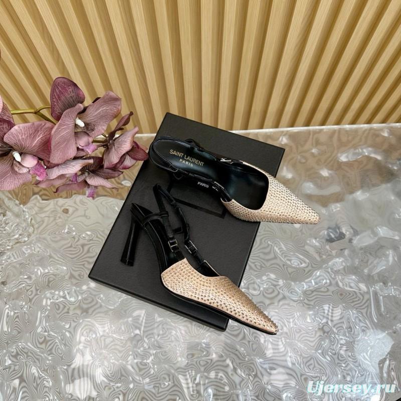 2024 Women Yves Saint Laurent Beige Rhinestone Silk Slingback Pumps MJ00320