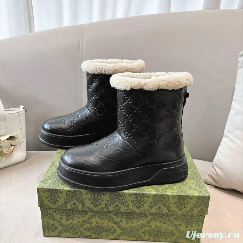 2024 Women Gucci black leather shearling snow boots MJ00350
