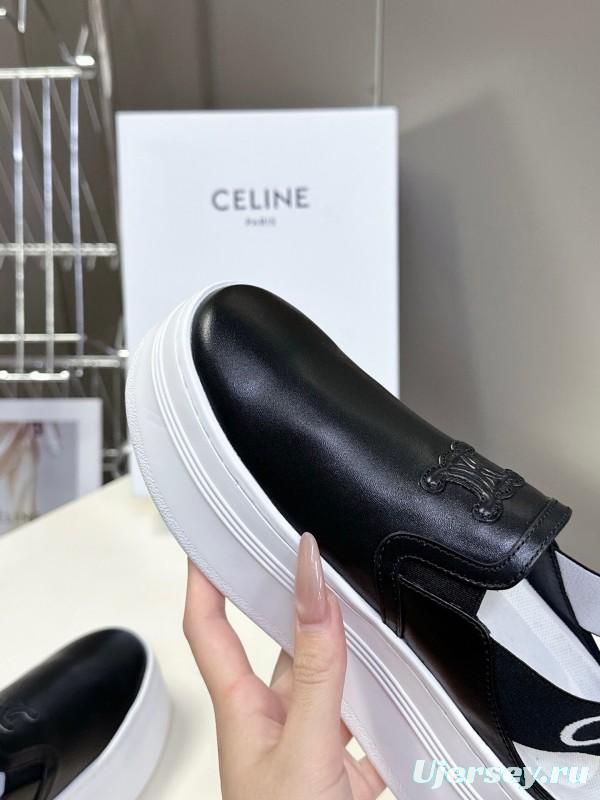 2025 Women CELINE Black White Leather Slip-On Sneakers LY00280