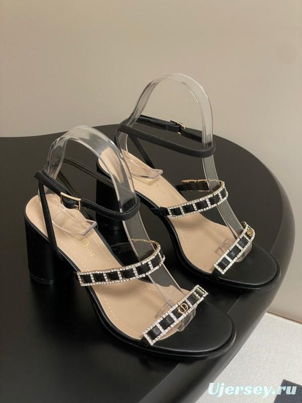 2025 Women Dior Black Leather Crystal Embellished High Heel Sandals