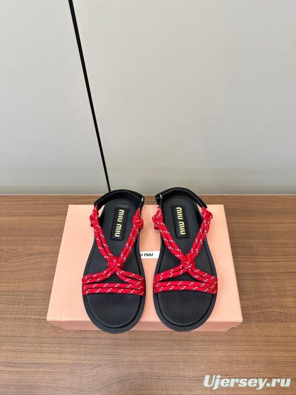 2025 Women Miu Miu Red Rope Leather Sandals LY
