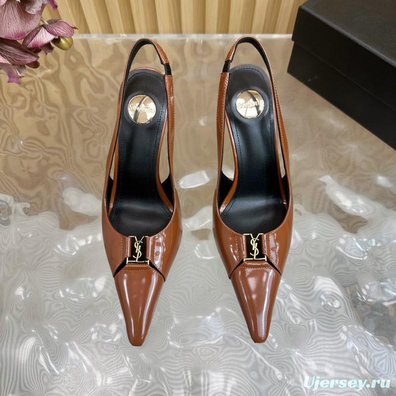 2025 Women Yves Saint Laurent Brown Patent Leather Slingback Heels