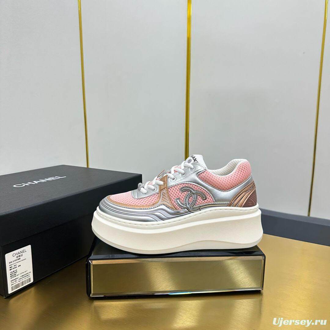 2025 Women Chanel Pink Silver Leather Mesh Sneakers