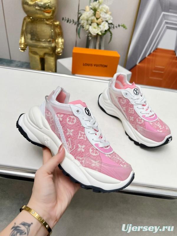 2025 Women Louis Vuitton Pink White Canvas Leather Sneakers