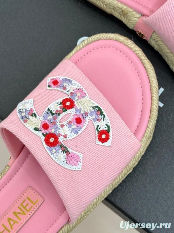 2025 Slippers Chanel Pink Canvas Embroidered KFY00230