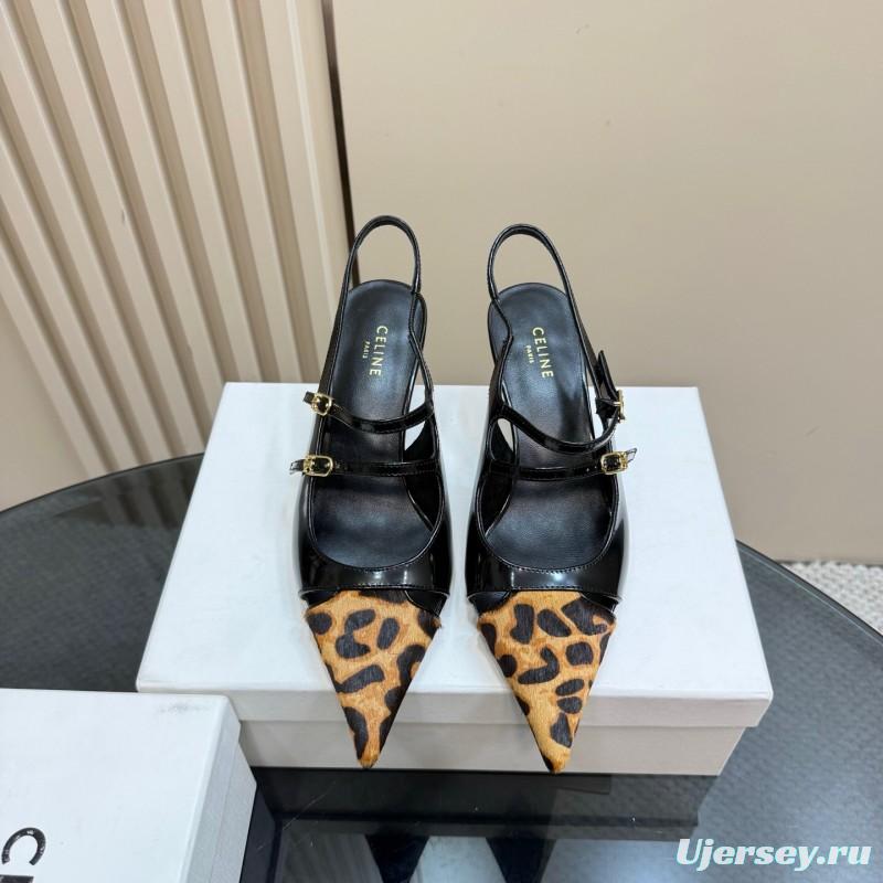 2025 Women Celine Leopard Black Patent Leather Slingback Heels