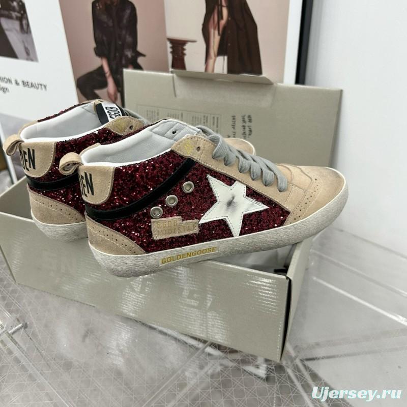 2024 Unisex GGDB Burgundy Beige Glitter Leather High Top Sneakers MJ00300