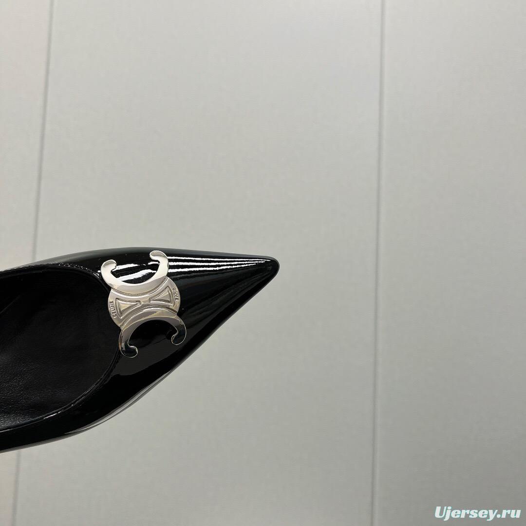 2025 Women Celine Black Patent Leather Pointed Toe Buckle Pumps KFY00290