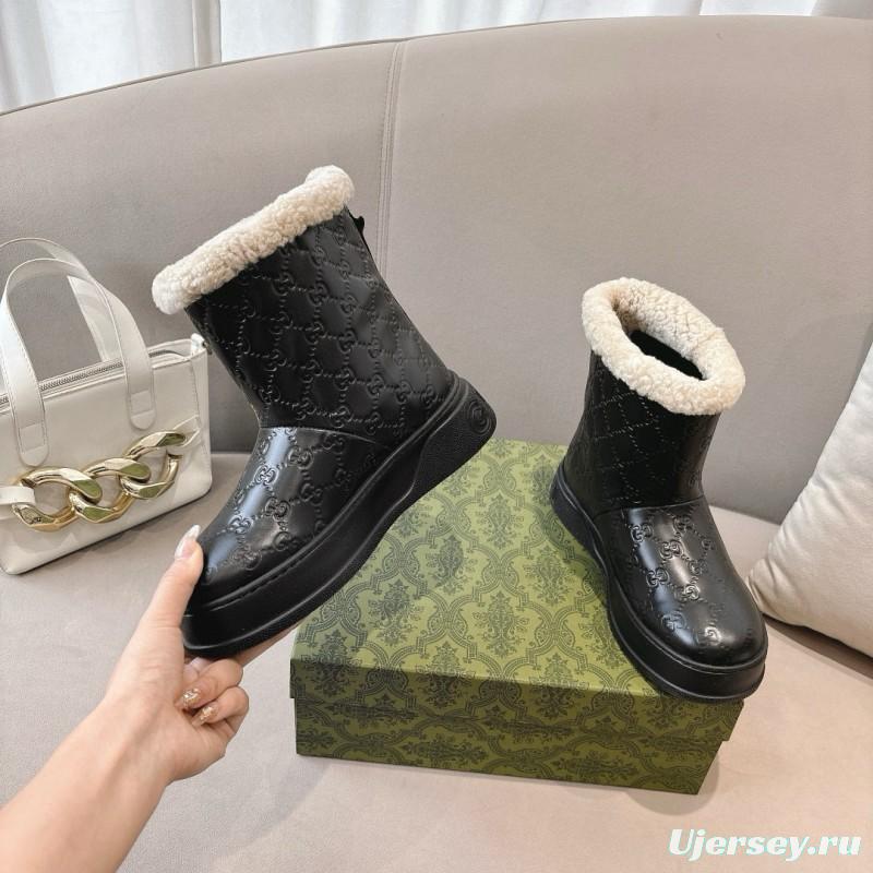 2024 Women Gucci black leather shearling snow boots MJ00350