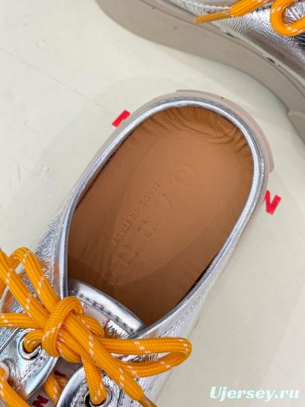2025 Women Yves Saint Laurent Silver Leather Platform Sneakers With Orange And Beige Laces YSL123(F)