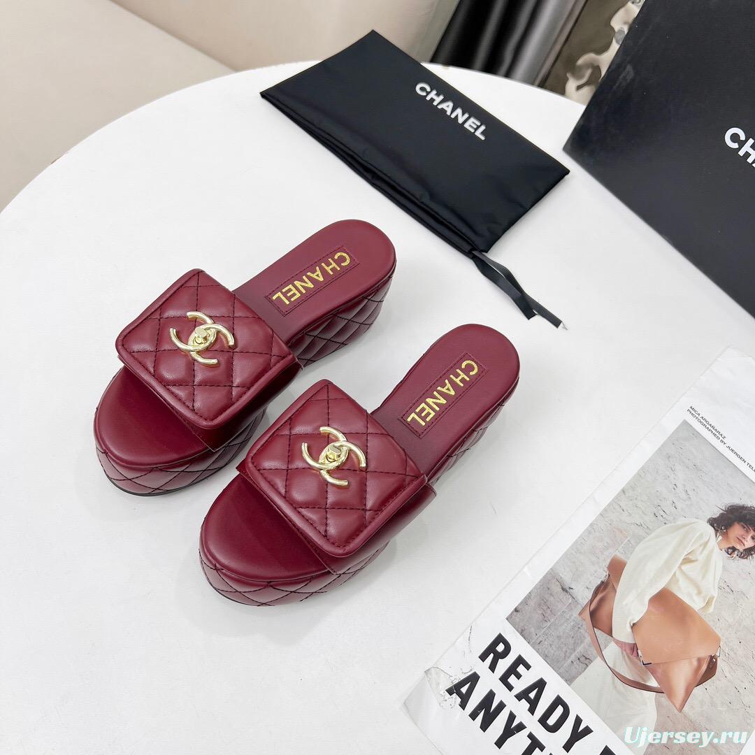 2025 Women Chanel Burgundy Leather Platform Sandals