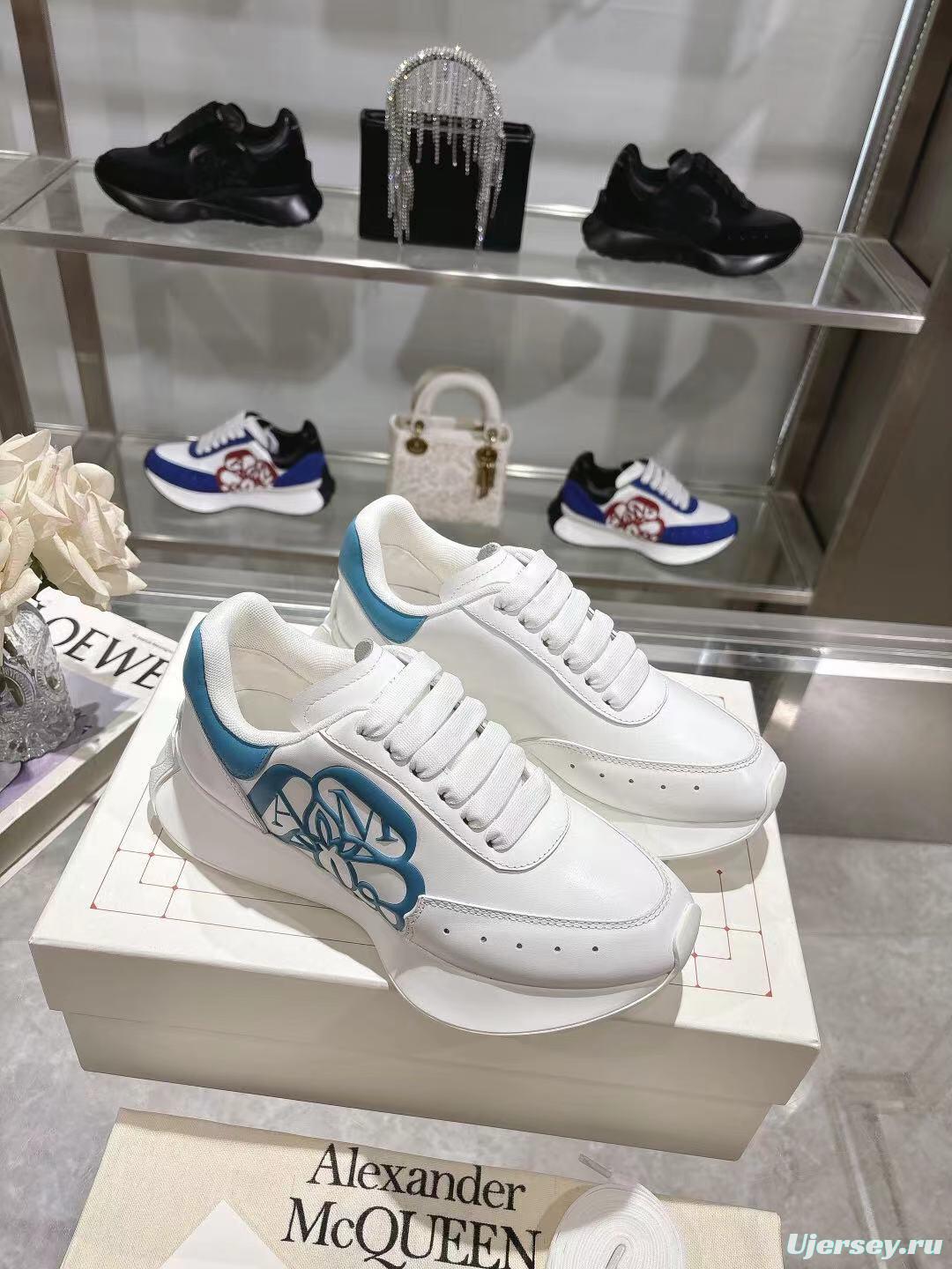 2025 Women Alexander McQueen White Blue Leather Sneakers LY00340