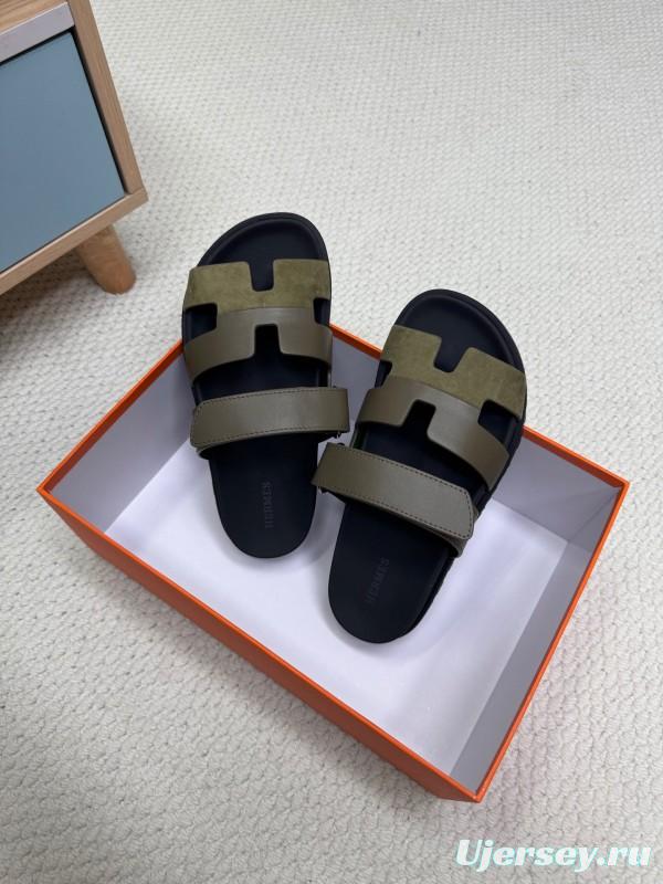 2025 Women Hermès Khaki Black Leather Slippers