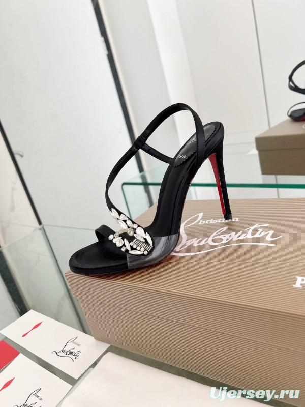 2025 Women ChristianLouboutin Black Satin High Heel Sandals Crystal Embellishment LY00300