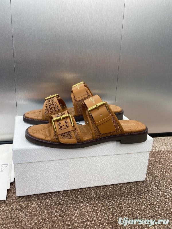 2025 Women Dior Brown Leather Slip-on Sandals