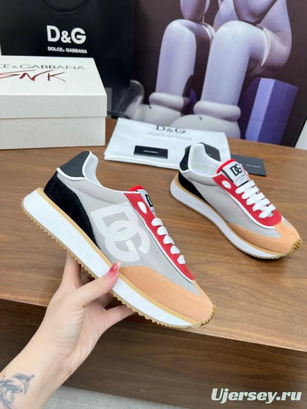 2025 Unisex Dolce & Gabbana Gray Red Beige PU Leather Mesh Sneakers LY00300