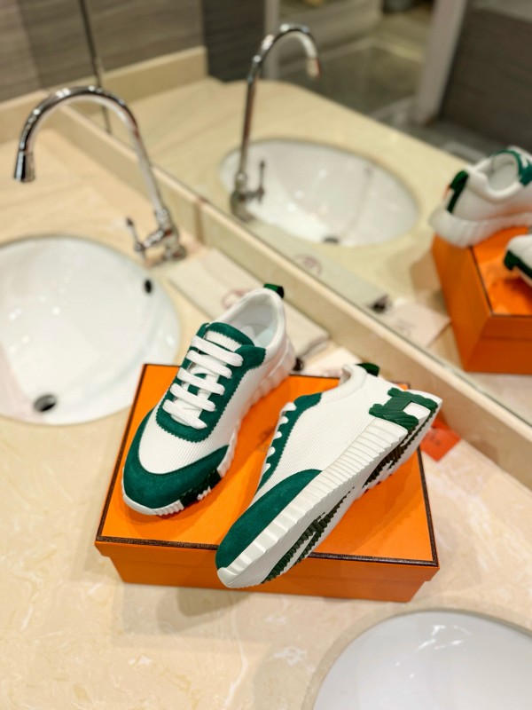 2024 Unisex Hermès White Green Mesh Suede Sneakers MJ00320