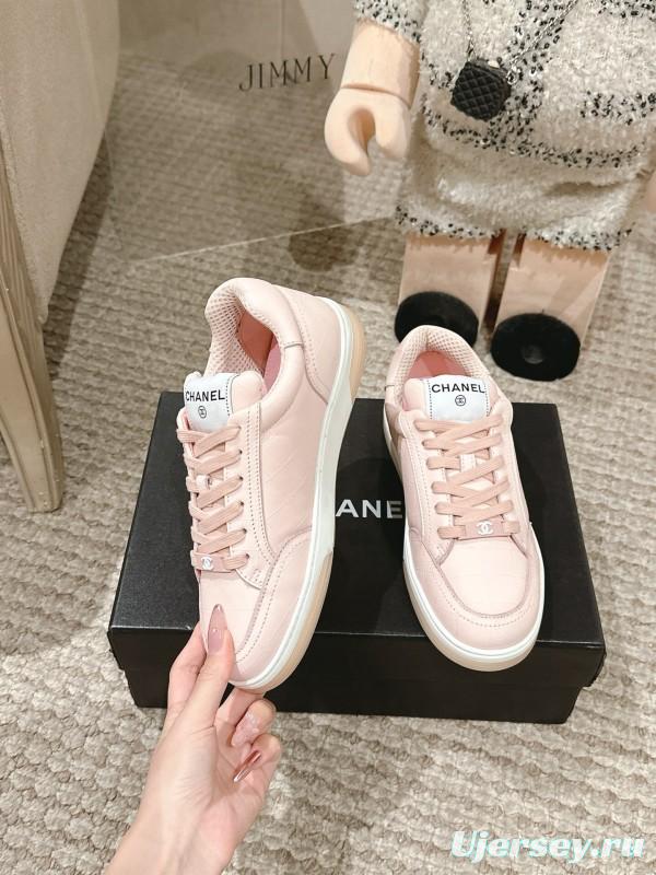 2025 Women Chanel Pink Leather Sneakers