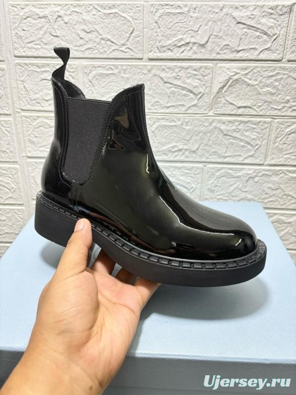 2024 Women Prada Black Patent Leather Ankle Boots MJ00360