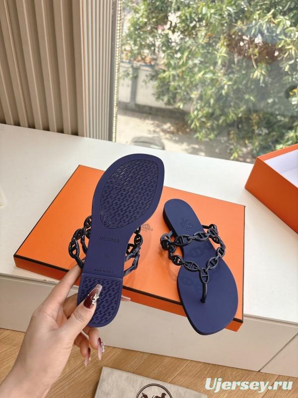 2025 Women Hermès Purple Rubber Chain Thong Sandals LY00360(F)