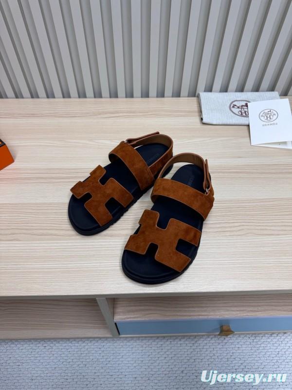 2025 Women Hermès Brown Suede Leather Sandals