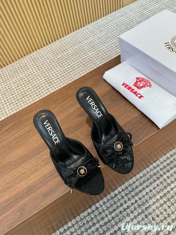 2025 Women VERSACE Black Leather Mule Heels LY00250