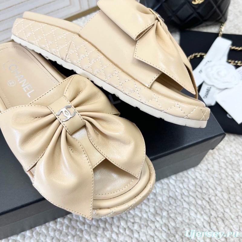 2025 Women Chanel Beige Leather Slippers Bow KFY00310