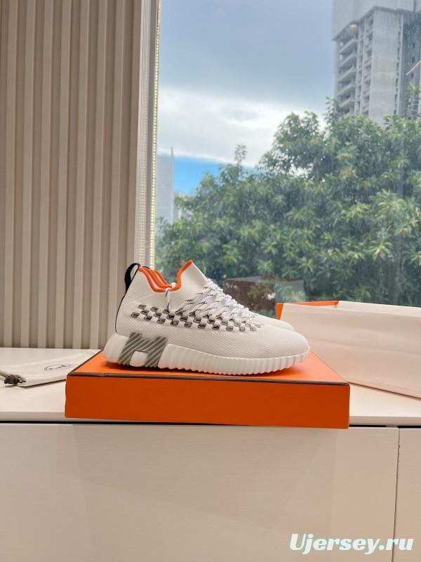 2024 Unisex Hermès White Grey Orange Calfskin Suede Knit Sneakers MJ00290(F/M)