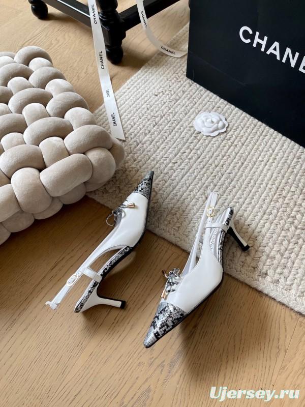 2025 Women Chanel White Black Python Leather Slingback Heels