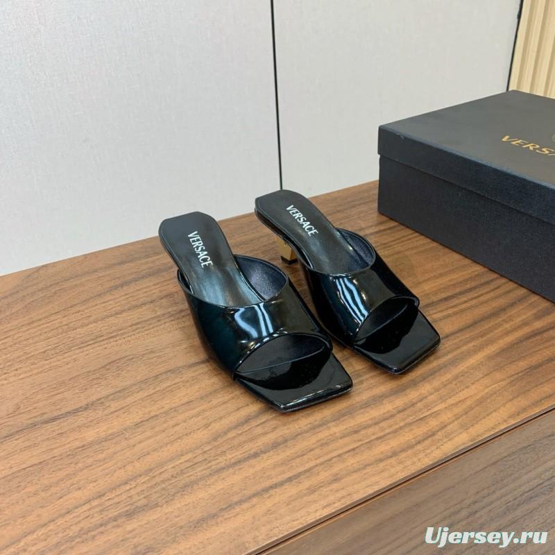 2025 Women VERSACE Black Patent Leather Slippers
