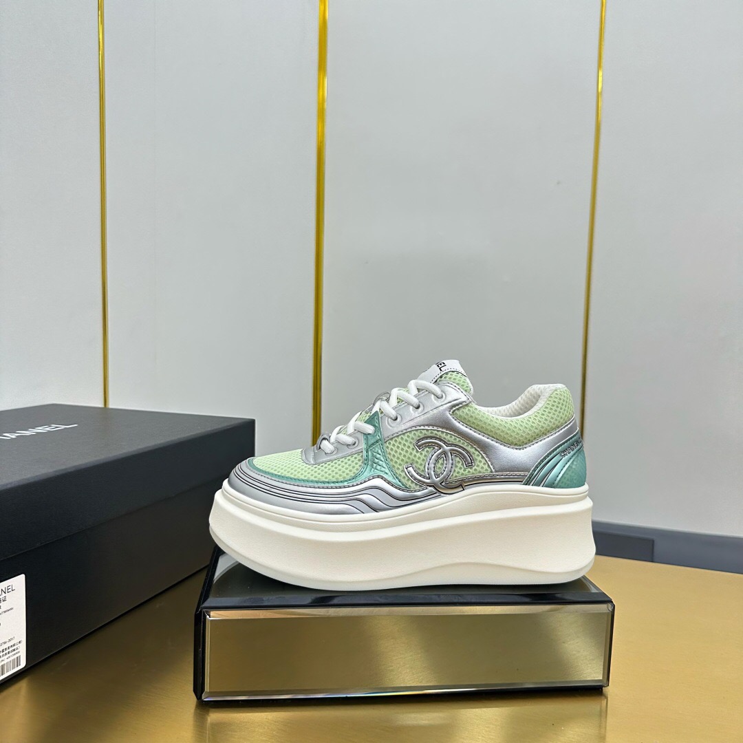 2025 Women Chanel Green Silver Mesh Leather Platform Sneakers