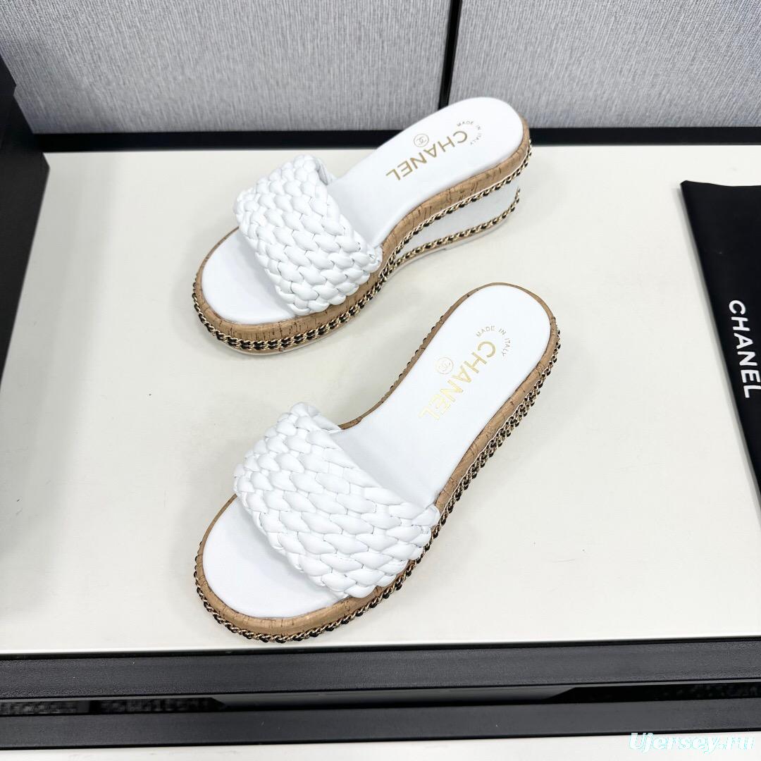 2025 Women Chanel White Leather Wedge Sandals