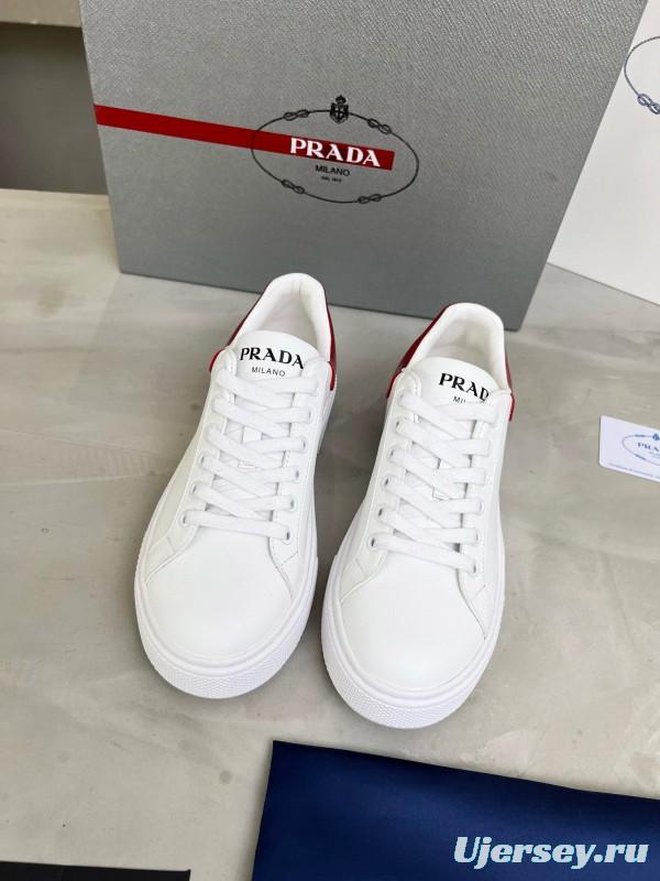2024 Unisex Prada White Red Calfskin Silk Thick Sole Sneakers MJ00310