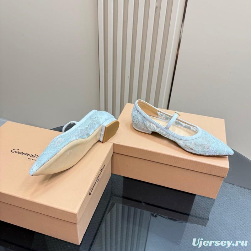 2025 Women Gianvito Rossi Light Blue Lace Leather Mary Jane KFY00260