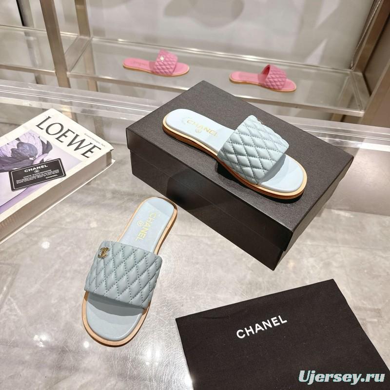 2025 Women Chanel Light Blue Lambskin Slippers
